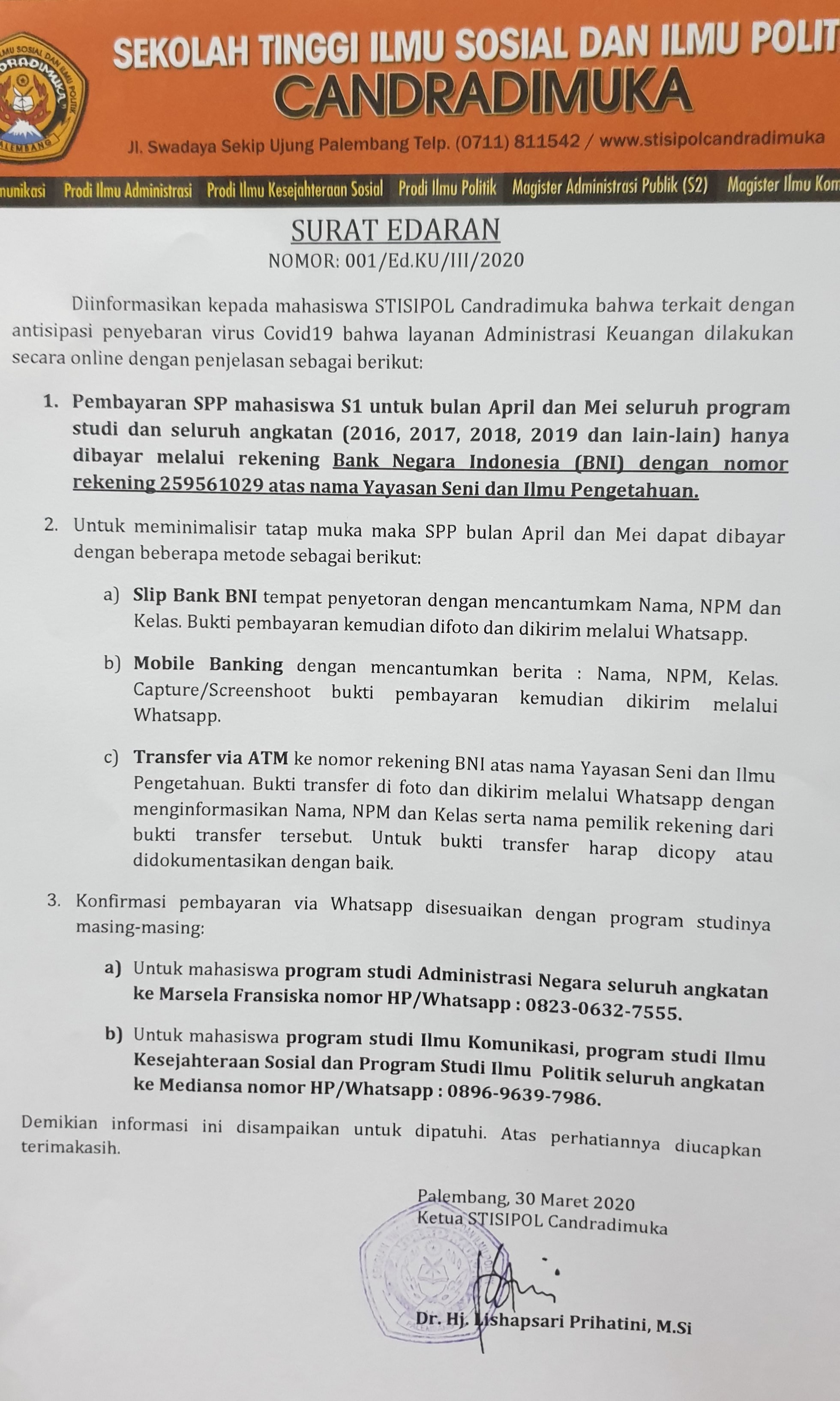 Surat Edaran Administrasi Keuangan STISIPOL Candradimuka